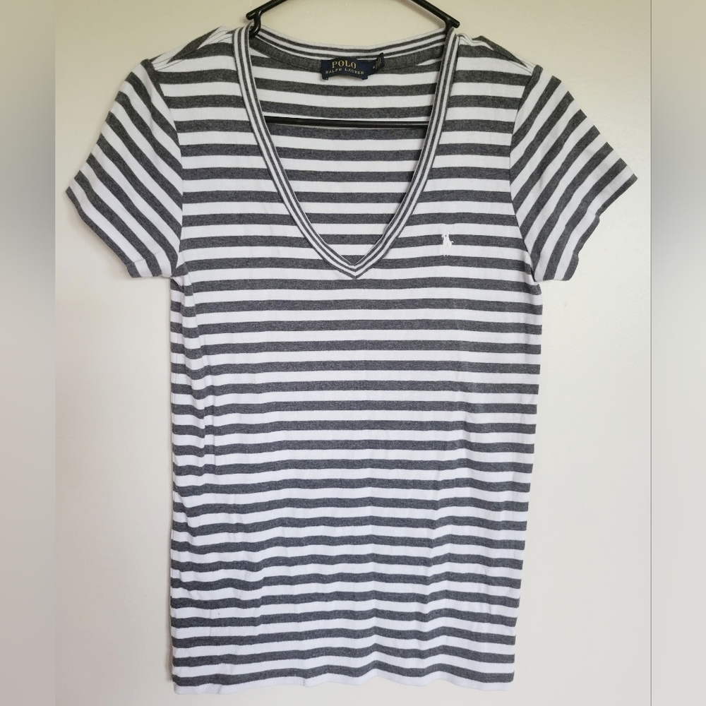 Polo Ralph Lauren Women's Gray and White Stripe V-neck Short Sleeve Top Size M